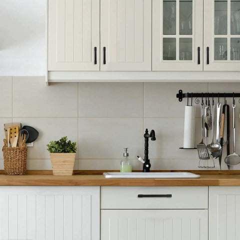 Matte Black Cabinet Pulls 10 Pack 5 Inch 128mm Hole Centers Aluminum Kitchen Cabinet Handles installed on white kitchen cabinets.