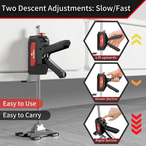 Stainless Steel Arm Jack 2 Pack With Dual Speed Descent For Cabinet Installations showing three descent adjustments.