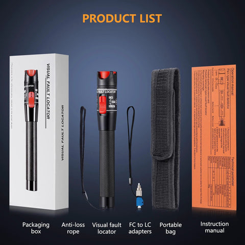 Trileria visual fault locator for fiber with 50 km range; black textured body, red switch, FC-LC adapters, rope, pouch.