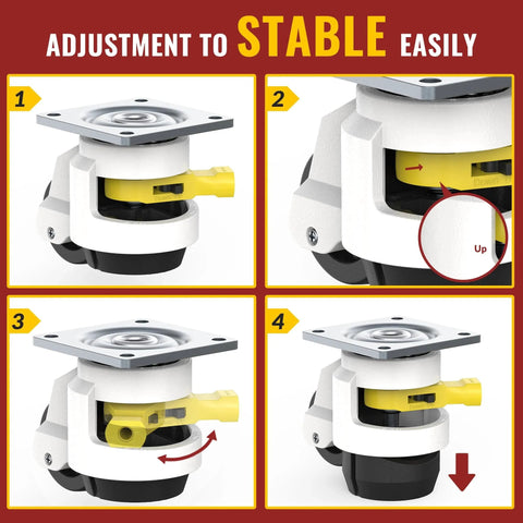 Leveling Casters With Ratchet Handle Design For Heavy Duty Industrial Use Total Capacity 2200 Lbs Set Of 4 With Adjustable Leveling Pads TD60 adjustment steps