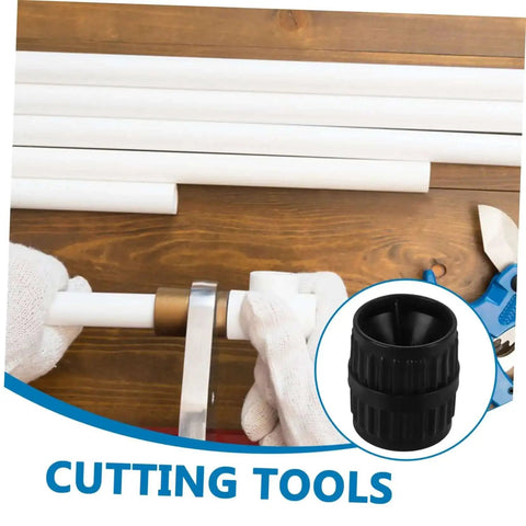 Two Pack Deburring Reamers For Tubing Inner And Outer Chamfering Tools on wooden surface with pipe cutter and gloves