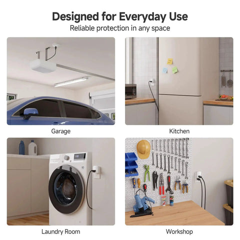 Image showing 1350 Joules Single Outlet Surge Protector For TV PC Xbox PS5 Refrigerator, installed in garage, kitchen, laundry, workshop.