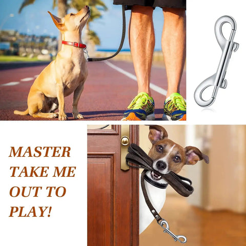 Dog on a leash and a zinc alloy bolt snap. 30 Pack 3.5 Inch Double Ended Bolt Snaps Zinc Alloy Key Chain Clips With Trigger in use.