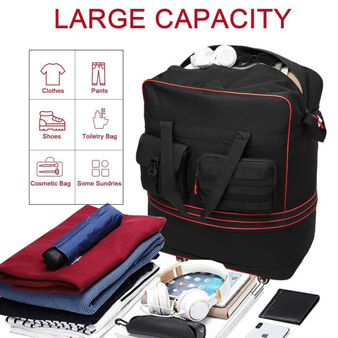 Tactical Foldable Travel Bag With Wheels For Easy Packing And Expansion, showing large capacity with packed items, Seyfocnia
