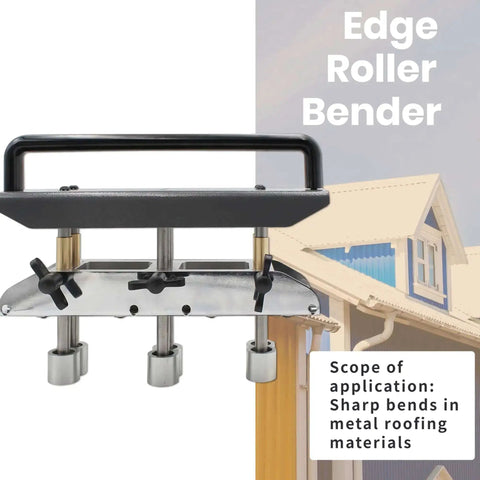 Three Station Sheet Metal Bender For 0 To 90 Degree Bends, roller bender tool shown with metal roofing application illustration.