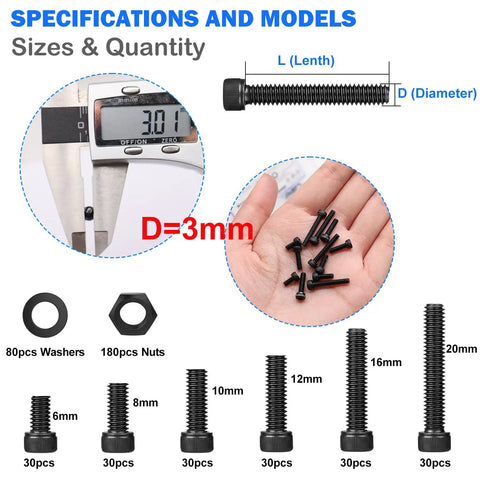 All In One M3 Screws Assortment Kit For 3D Printers Featuring 620Pcs Hex Socket Head Cap Bolts with nuts and washers shown