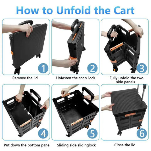 Step-by-step guide on unfolding Foldable Utility Cart With 4 Rotating Wheels And Braking Rear Wheels, Telescoping Heavy Duty Plastic Handle.