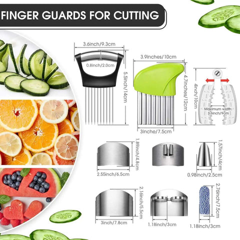 11 Piece Finger Guard Set With Stainless Steel Knife Protectors In Dual And Single Styles Thumb Guards Finger Cots Plus A Crinkle Cutter For Potato Lettuce Butter And An Onion Holder Slicer For Safe Quick Prep, product components displayed with dimensions including crinkle cutter and finger guards for safe cutting.
