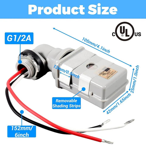 Close-up of 4 Pcs Photocell Sensor For Outdoor Lights 120VAC Dusk To Dawn Sensor with size dimensions and wire connectors