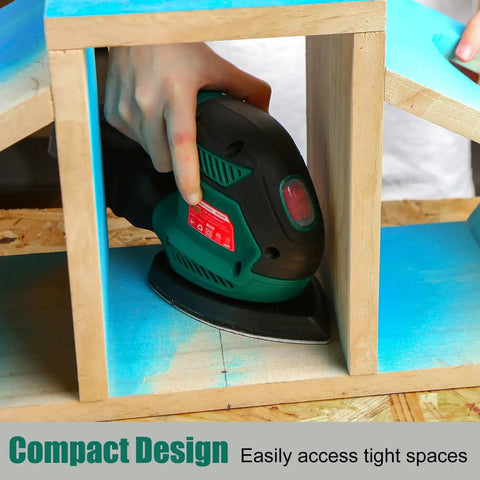 Person using Compact Electric Detail Sander With 14,000 OPM inside a small wooden structure, showcasing easy access to tight spaces.