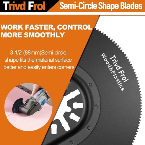 Semi-circle oscillating saw blade for wood and plastics with close-up of edge design.