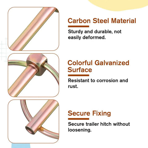 Close-up of Four Pack Quarter Inch Linch Pins Assortment Kit Heavy Duty Locking Shaft Pins with carbon steel, galvanized surface.
