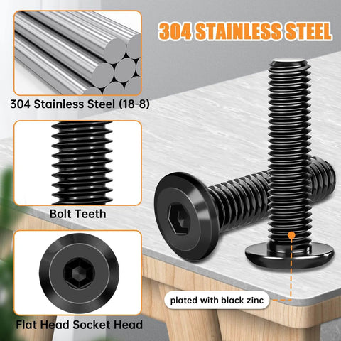 Close-up of M6x30mm Flat Head Socket Cap Screws For Furniture, 304 Stainless Steel 18 8 Countersunk Connector Screws