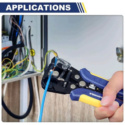 Close-up of Self Adjusting Wire Stripper And Cutter With Crimping, 3 In 1 Heavy Duty Automatic Electrical Wire Strippers for 10 to 24 AWG, in use