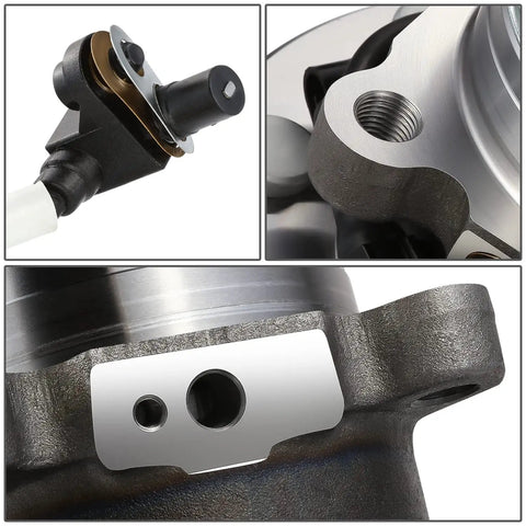 Close-up of Beefed-Up Front Wheel Bearing Hub Assembly with ABS Sensor Cable and Plug for Chevy Express 2500 3500 4500 RWD 2003-2017, showing details of bare steel material and 8-lug design.