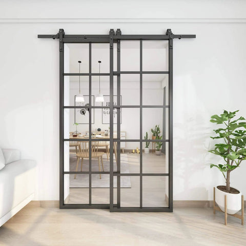 Bypass Double Glass Barn Door Kit With 6.6 Ft Hardware, 72 Inch By 84 Inch Clear Tempered Glass Panels In An Aluminum Frame, installed