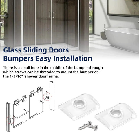 Glass Shower Door Bumpers For Sliding Doors With Screws, Wall Jamb Stopper Replacement Parts For Shower Enclosures, clear bumpers shown with screws, installation diagram visible