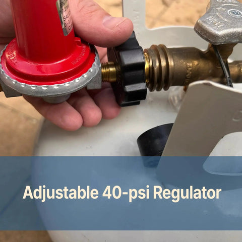 0-40 Psi Adjustable LPG Regulator With 48 Inch Thermoplastic Hose And Soft Nosed POL Three Eighths Inch Flare Swivel Fitting close-up