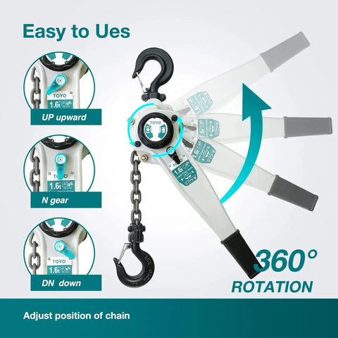 Lever Chain Hoist 3500 Lbs 20 Ft With G80 Alloy Chain And 2 Heavy Duty Hooks, 360-degree rotation diagram