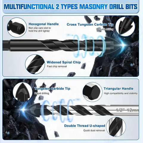 Diamond Drill Bits Set 30 Piece Pro Grade Masonry Bit Set With Premium Carbide Bits For Concrete Ceramic Glass Porcelain Tile Marble Metal Plastic Wood Black showing tungsten carbide tip and hexagonal handle details.