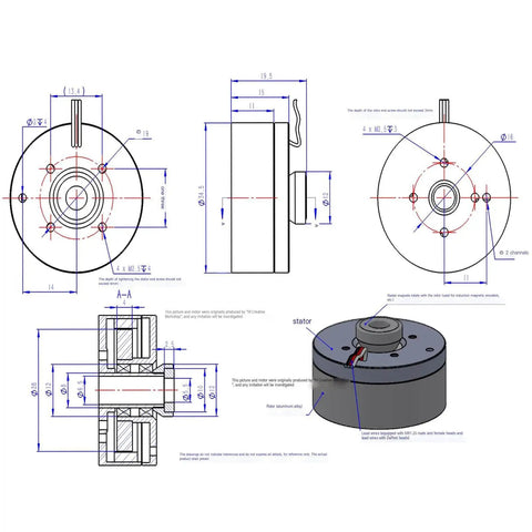 Technical drawings of the Pro Grade Flight Ready High Torque Brushless Outrunner Hollow Shaft Motor Kit With AS5600 Magnetic Encoder And SimpleFOCmini Driver Board For Gimbals And Drones Ultra Silent Preinstalled Magnet Ring For Smooth Precision Motion And Easy Integration showing dimensions and components.