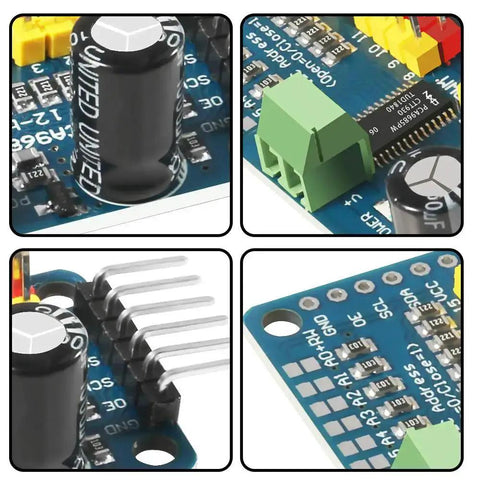 Close-up views of PCA9685 16 Channel 12 Bit PWM Servo Driver Board With I2C Interface For Raspberry Pi And Microcontrollers.