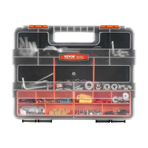 Front view of 3-Pack Small Parts Organizer Case Set With 21 Compartments, Removable Dividers, heavy-duty plastic storage for hardware.