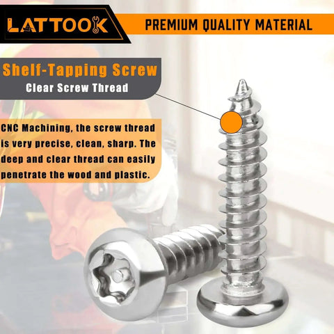 Close-up of self-tapping screw from 180-Piece No 8 Torx Security Screws Kit With Pro Grade 304 Stainless Steel. Anti theft tamper proof.