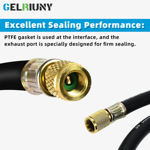 HV1S 3/8 inch charging vacuum hose with brass 3/8 to 1/4 inch fittings; black hose, Gelriuny logo visible