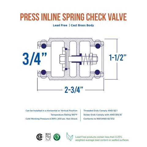 Inline spring check valve with 3/4 in press connections, lead-free cast brass body for backflow prevention
