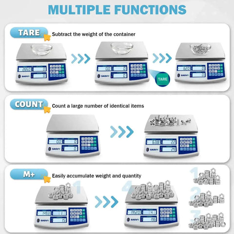 Image showing a digital counting scale for inventory with 30kg capacity and 0.1g precision, demonstrating tare, count, and M+ functions.