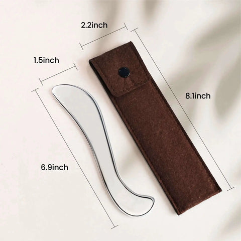 Stainless Steel Guasha Tool For Body Massage And Deep Tissue Myofascial Release Physical Therapy Scraping Tool shown with dimensions and case.
