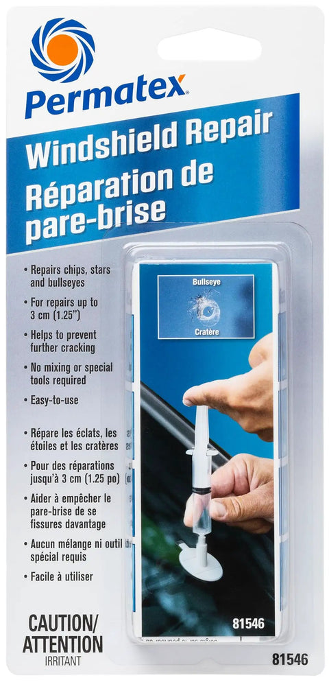 Windshield Chip Repair Kit 5 Ml Clear Quick Fix For Bulls Eye And Star Chips Up To 3 cm Easy To Use No Mixing Prevent Cracks Safe Car Glass Repair At Home Or On The Road packaging with instructions and tools.