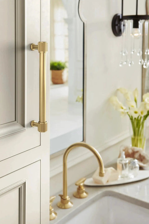 Farewind Transitional Champagne Bronze Cabinet Pull 6-5/16 Inch installed on kitchen cabinet beside sink