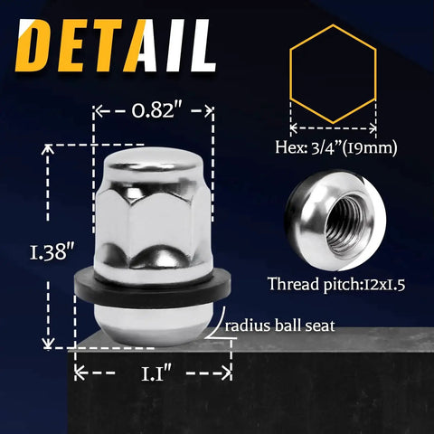 Set Of 20 12x1.5 Radius Ball Seat Lug Nuts With Washer Chrome Finish dimensions and specifications.