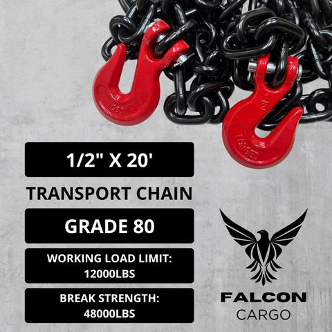Heavy Duty One Half Inch By Twenty Foot Grade Eighty Transport Binder Chain With Twelve Thousand Lbs WLL And Forty Eight Thousand Lbs Break Strength, Clevis Grab Hooks For Tie Down And Towing, Oil Free Surface And Corrosion Resistant Blackened Steel