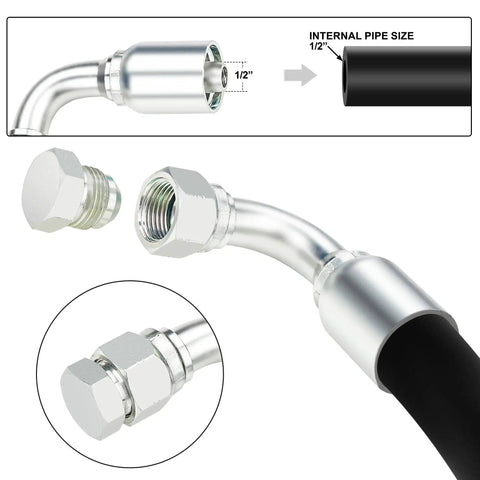 Hydraulic Fittings 90 Degree 1/2 Inch JIC to 1/2 Inch Hose Crimp Kit showing assembly and internal pipe size details
