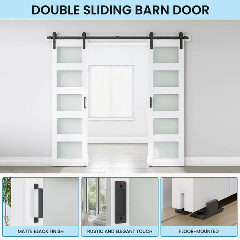Double Glass Barn Door Set With 6 Ft Sliding Hardware Kit Included, Frosted 5 Panel Design, White Waterproof PVC Surface, Installed