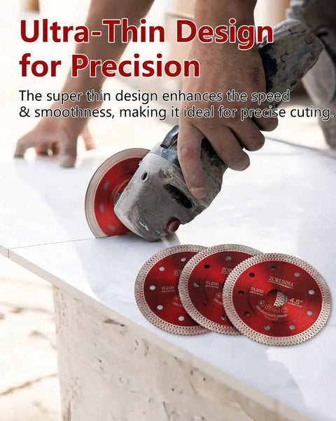 Person using Ultra Thin Diamond Saw Blades For Angle Grinder Four And One Half Inch Tile Cutting Disc Set Of 5 With X Teeth Turbo Rim For Porcelain Ceramic Granite Marble Ultra Thin And Durable For Clean Cuts And Minimal Chipping on a tile