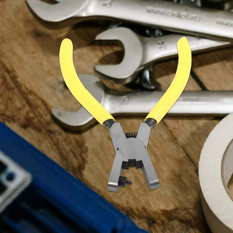 Yellow heavy duty single hole punch plier for paper and crafts, shown with metal handheld puncher for tags, cardstock and DIY projects.