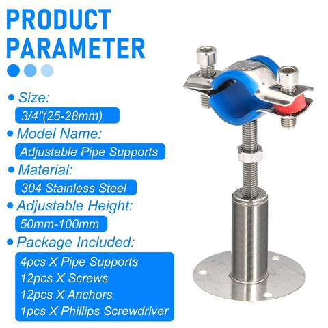 Four Pack 304 Stainless Steel Wall and Ceiling Pipe Mount Brackets With Adjustable Height From 50 To 100 Mm Fits Three Quarter Inch Outer Diameter Pipes 25 To 28 Mm Includes Adjustable Pipe Strap Clamps With Screws And Silica Gel Pad By Kodilin, shown with included components.