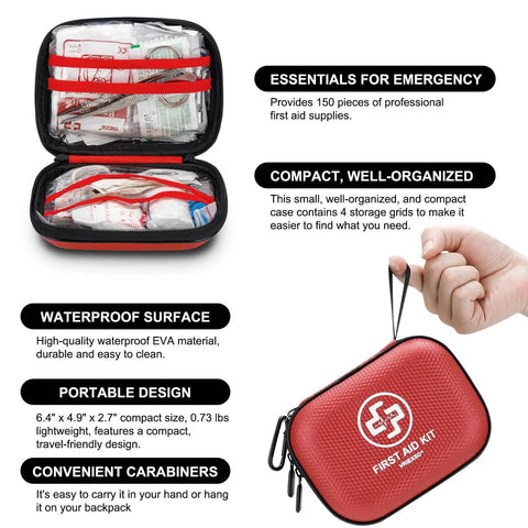 Open Grab And Go 150 Piece Waterproof First Aid Kit in red hard shell case, showing organized medical supplies with carabiner for portability.
