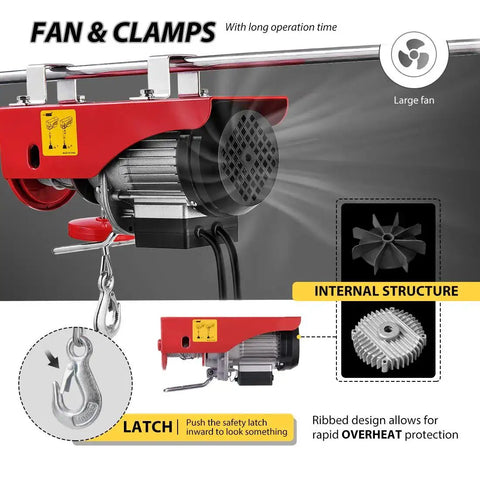 Electric Hoist 440 Lbs Winch 110V with Remote Control ETL Listed 38 Ft Lift showing fan, clamps, and latch details.