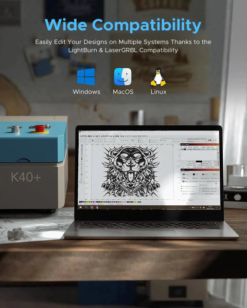 Laptop showing design software next to powerful 45W CO2 laser engraver for home use and hobbyists, 12x8 inch desktop laser cutter.