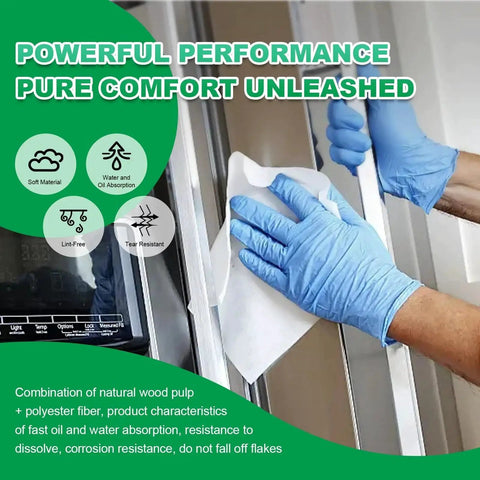 Person using 9x9 Cleanroom Wipes 300 PCS Grade B 56 GSM Nonwoven Lint Free Lab Electronics to clean glass surface with gloved hands.