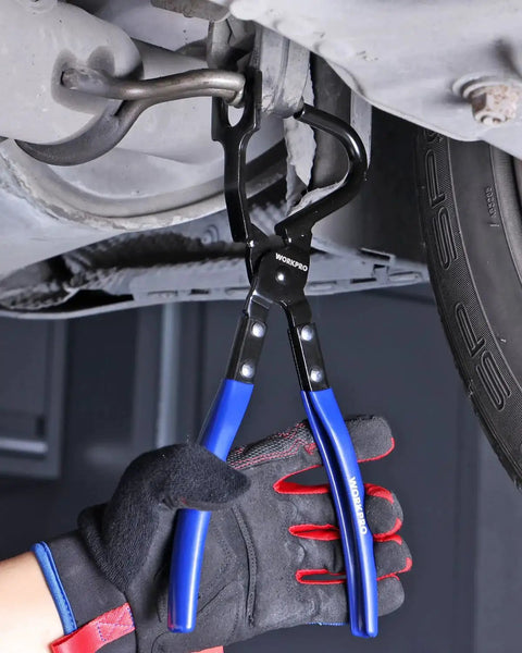 Heavy-Duty Exhaust Hanger Removal Tool With Non-Slip Grip For Rubber Hangers being used under vehicle