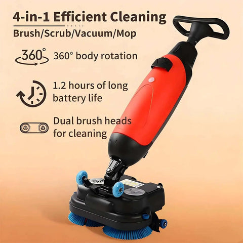 Cordless Electric Floor Scrubber 36V 10.5Ah Heavy Duty Industrial Scrubber With Dual 4L and 6L Tanks, Portable Red Machine