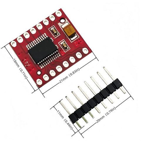 TB6612FNG Dual Channel DC Stepper Motor Driver Module Controller Board, red PCB with black chip and pin header, dimensions labeled