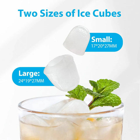 Two sizes of ice cubes from Countertop Ice Maker 9 Ice Cubes In 6 Minutes 26 Lb Per Day Self Cleaning, in glass with mint