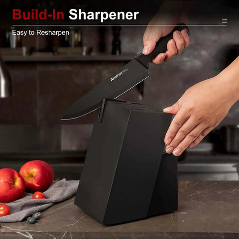 15 Piece Kitchen Knife Set With Built In Sharpener Block German Stainless Steel Blades in use with black wood block on counter